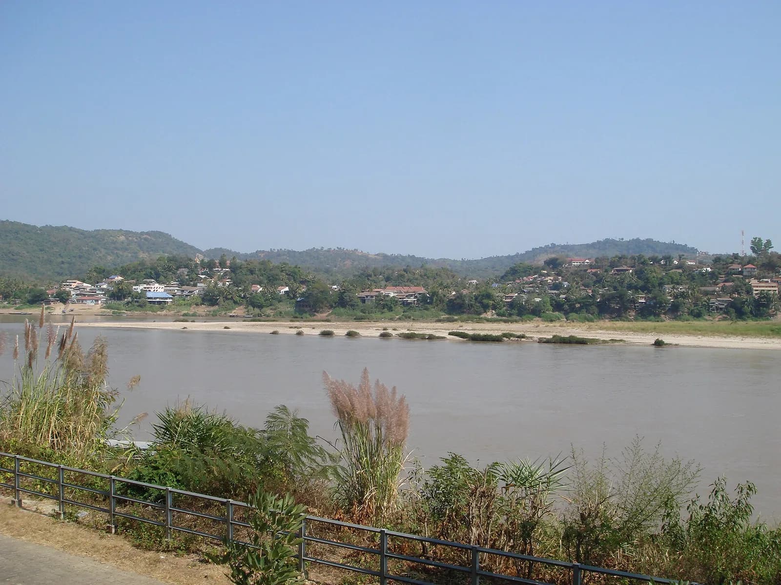 Huay Xai and its green hills across the Mekong River