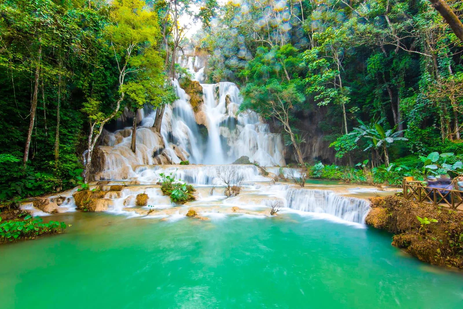 Kuang Si waterfall cascading into a turquoise pool surrounded by forest